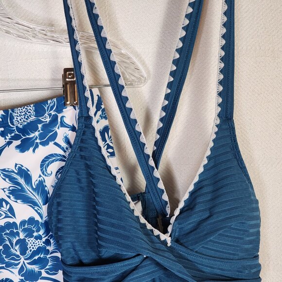 Rotita Peacock Blue Criss Cross Ties Floral Bottom Poly Span Tankini Set Size S - Picture 5 of 16